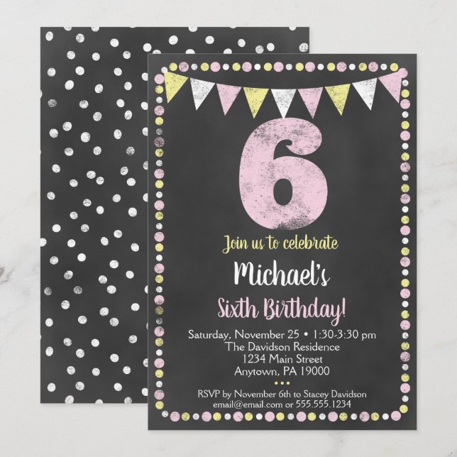 Pink Yellow Chalkboard 6th Birthday Invitation (Front/Back)