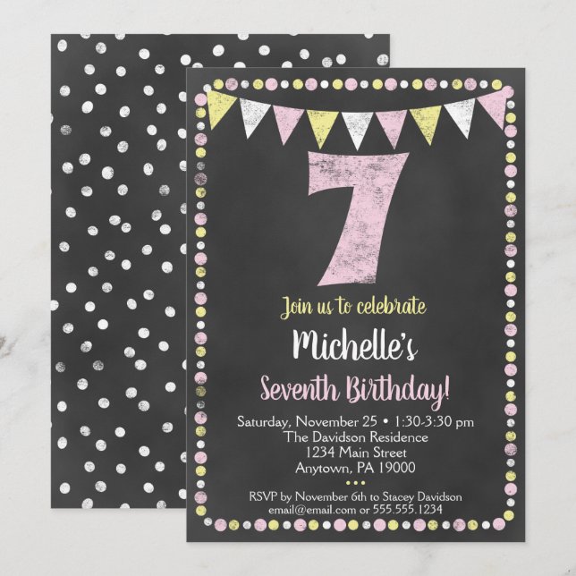 Pink Yellow Chalkboard 7th Birthday Invitation (Front/Back)