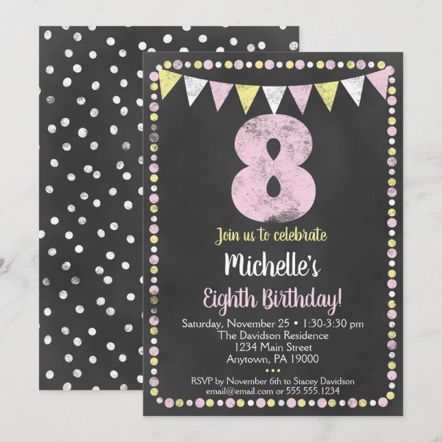 Pink Yellow Chalkboard 8th Birthday Invitation (Front/Back)