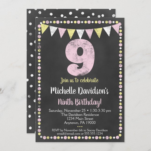 Pink Yellow Chalkboard 9th Birthday Invitation (Front/Back)