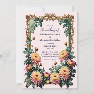 Pink Yellow chrysamthemums art frame wedding Invitation