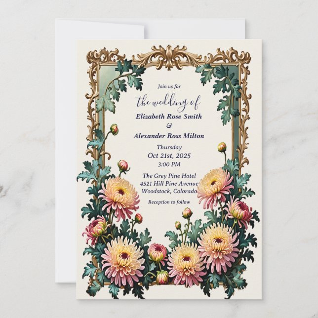 Pink Yellow chrysamthemums art frame wedding  Invitation (Front)