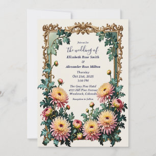 Pink Yellow chrysamthemums art frame wedding  Invitation