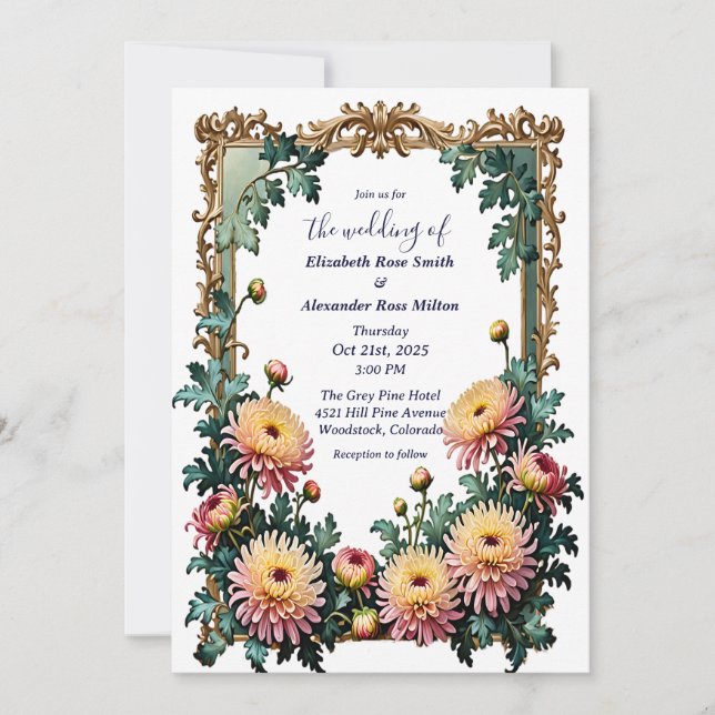 Pink Yellow chrysamthemums art frame wedding  Invitation (Front)