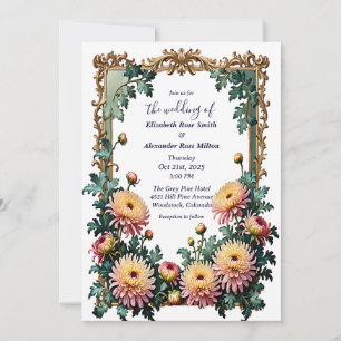 Pink Yellow chrysamthemums art frame wedding Invitation