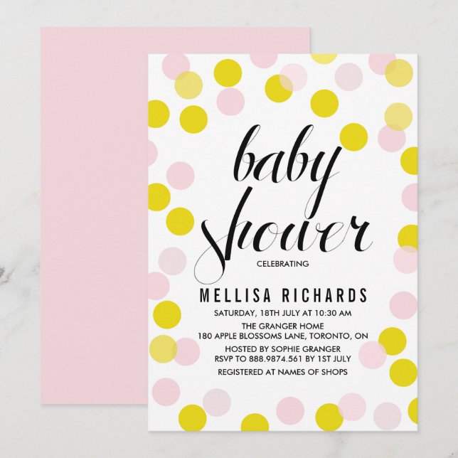 Pink & Yellow Confetti Polka Dots Baby Shower Invitation (Front/Back)