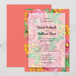 Pink Yellow Coral Floral Wedding Invitation