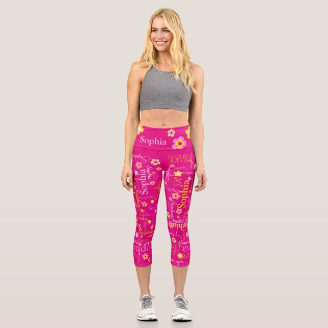 Pink yellow custom girls text name flower Sophia Capri Leggings (Front)