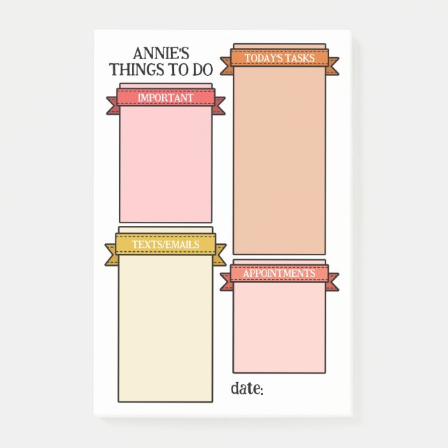 Pink Yellow Cute Ribbon Labels Things To Do Post-it Notes (Front)