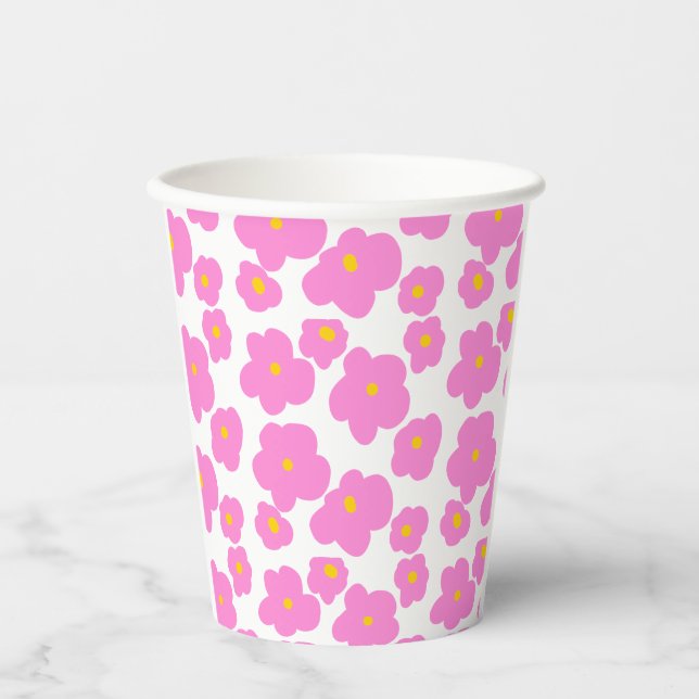 Pink yellow daisy flower modern elegant pattern  paper cups (Front)