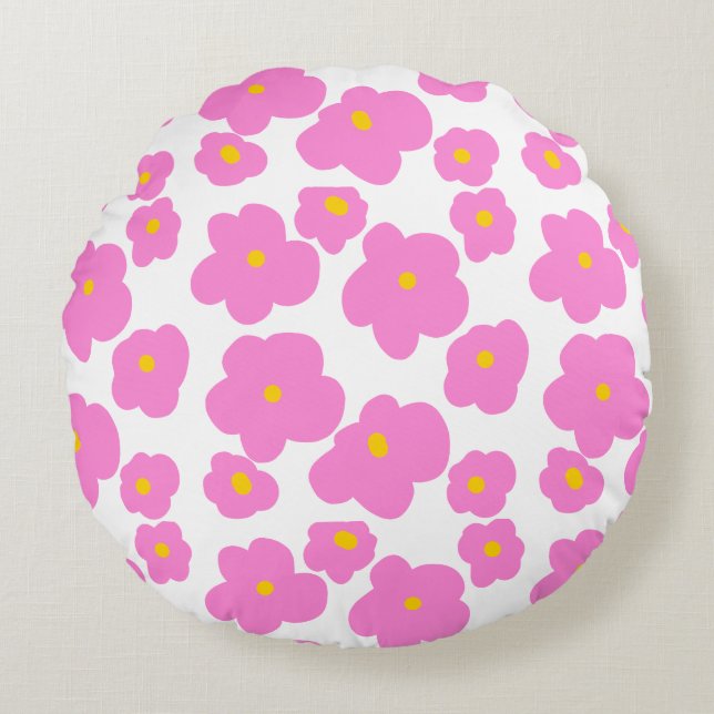 Pink yellow daisy flower modern elegant pattern  round cushion (Front)