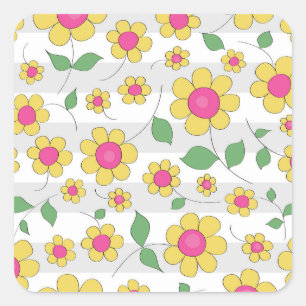 Pink yellow daisy flower spring kids doodles square sticker