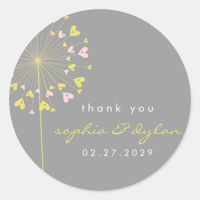 Pink & Yellow Dandelion Flower Love Hearts Wedding Classic Round Sticker (Front)
