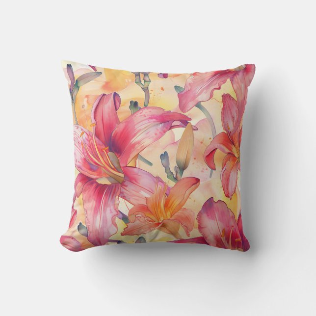 Pink Yellow Daylilies Cushion (Front)