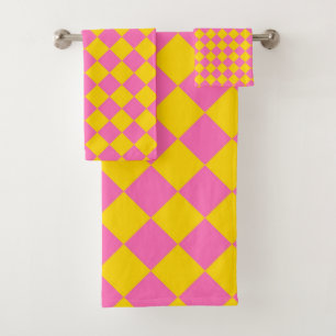 Pink Yellow Diamond Harlequin Chequered Pattern Bath Towel Set