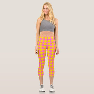Pink Yellow Diamond Harlequin Chequered Pattern Capri Leggings