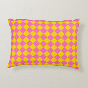 Pink Yellow Diamond Harlequin Chequered Pattern Decorative Cushion