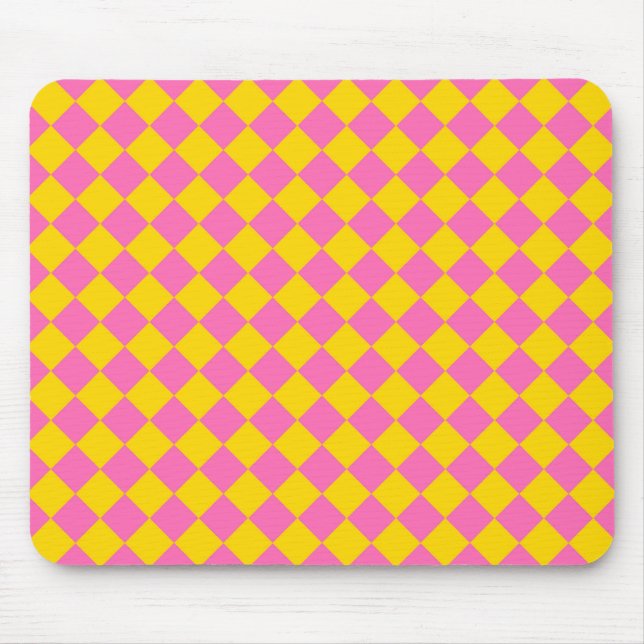 Pink Yellow Diamond Harlequin Chequered Pattern Mouse Mat (Front)