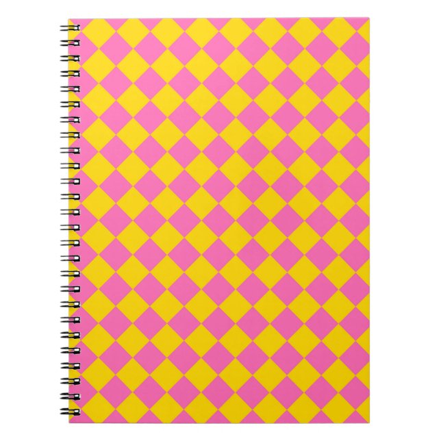 Pink Yellow Diamond Harlequin Chequered Pattern Notebook (Front)