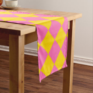 Pink Yellow Diamond Harlequin Chequered Pattern Short Table Runner