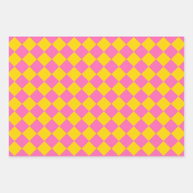 Pink Yellow Diamond Harlequin Chequered Pattern Wrapping Paper Sheet (Front)