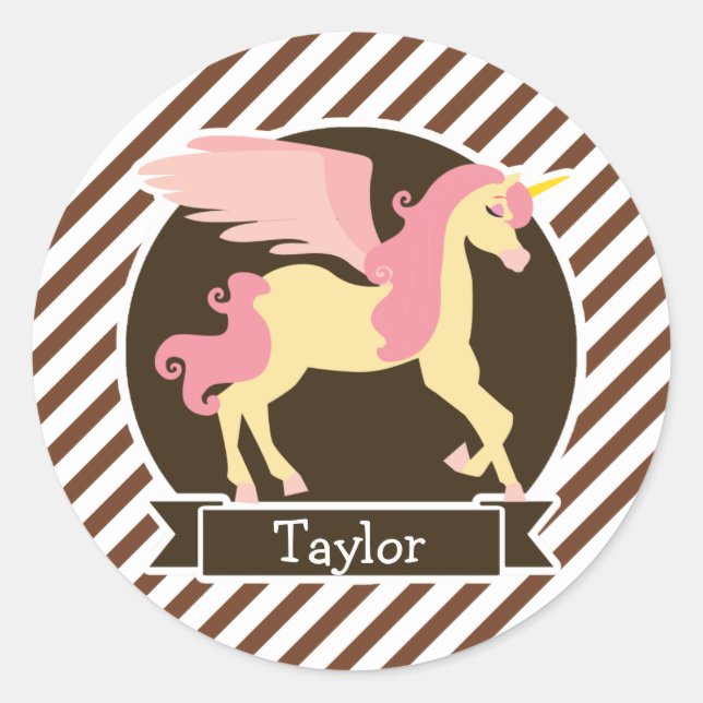 Pink & Yellow Fantasy Unicorn; Brown White Stripes Classic Round Sticker (Front)