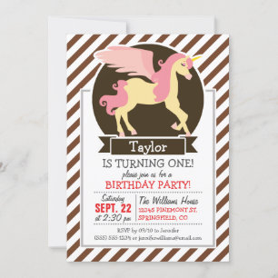 Pink & Yellow Fantasy Unicorn; Brown White Stripes Invitation