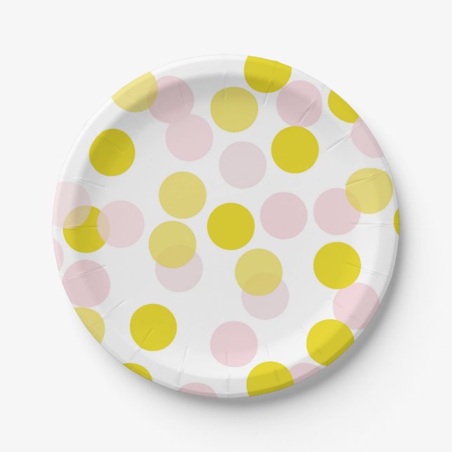 Pink & Yellow Festive Polka Dots Confetti Pattern Paper Plate (Front)