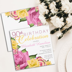 Pink   Yellow Floral 90th Birthday Celebration Invitation