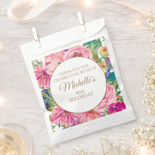 Pink Yellow Floral 90th Birthday Favour Bags (Clipped)