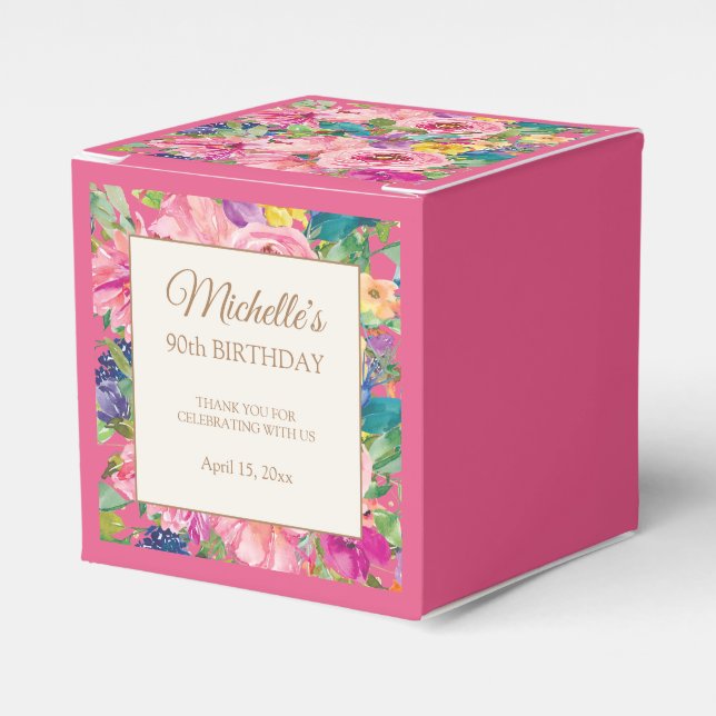 Pink Yellow Floral 90th Birthday Favour Box (Front Side)