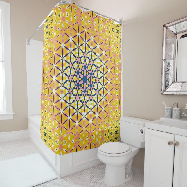 Pink Yellow Floral Abstract Shower Curtain (In Situ)