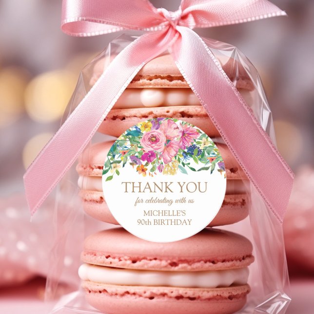 Pink Yellow Floral Birthday Thank You  Classic Round Sticker (Pink floral birthday party Thank You sticker)
