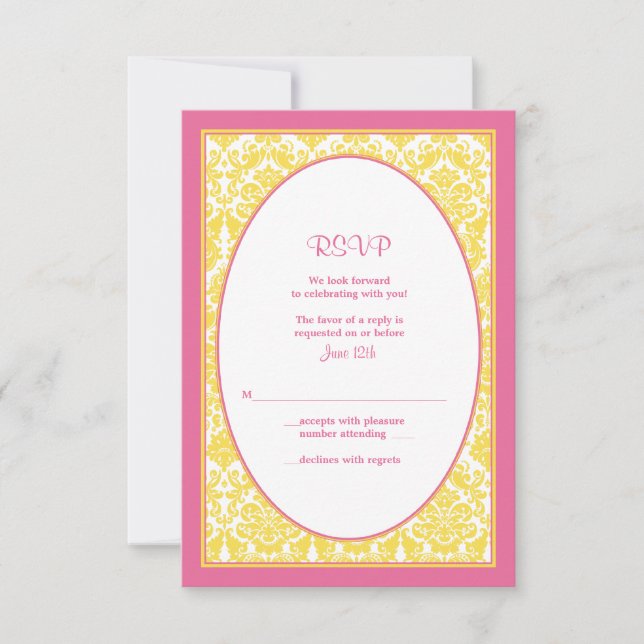 Pink Yellow Floral Damask Wedding Reply Card (Front)