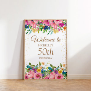 Pink Yellow Floral Glitter 50th Birthday Welcome Poster