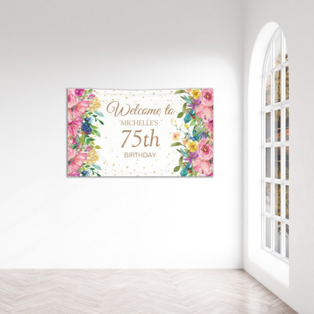 Pink Yellow Floral Glitter 75th Birthday Welcome Banner (Pink floral and gold glitter custom 75th birthday party banner for women.)