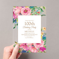 Pink Yellow Floral Gold Glitter 100th Birthday