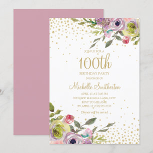 Pink Yellow Floral Gold Glitter 100th Birthday Invitation