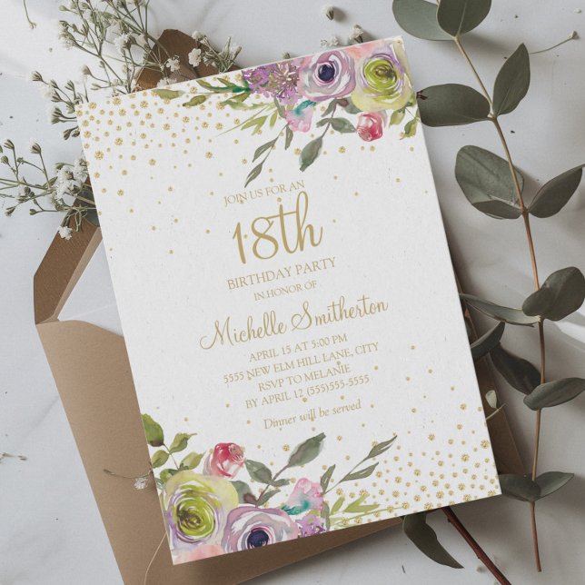 Pink Yellow Floral Gold Glitter 18th Birthday Invitation (Pink, purple, and yellow watercolor floral 18th birthday party invitation)