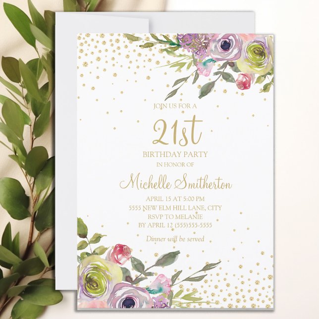 Pink Yellow Floral Gold Glitter 21st Birthday Invitation (Purple watercolor floral and gold glitter 21st birthday party invitation)