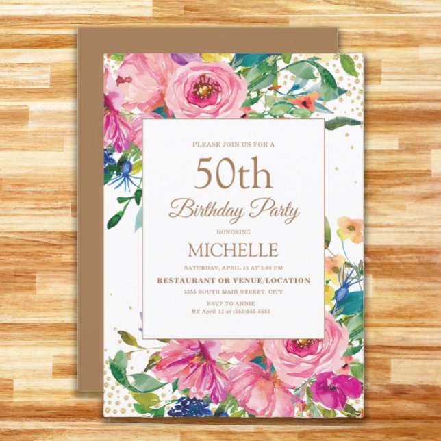 Pink Yellow Floral Gold Glitter 50th Birthday Invitation (Pink, yellow, and blue floral 50th birthday party invitation for women.)