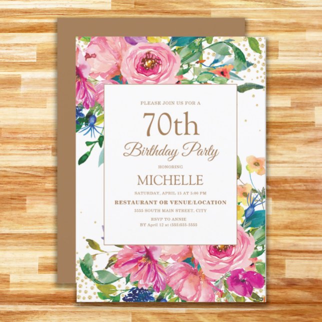Pink Yellow Floral Gold Glitter 70th Birthday Invitation (Pink, yellow, blue floral women's 70th birthday party invitation)