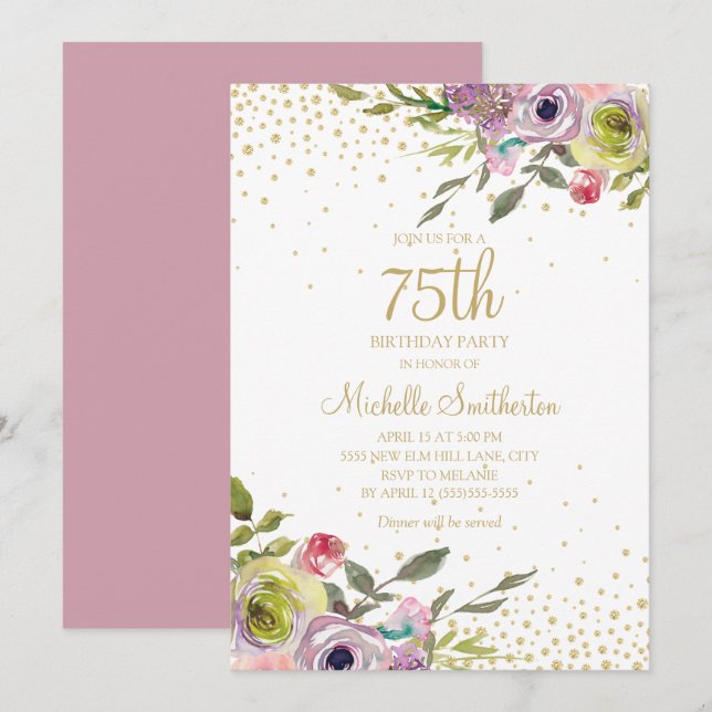 Pink Yellow Floral Gold Glitter 75th Birthday Invitation (Front/Back)
