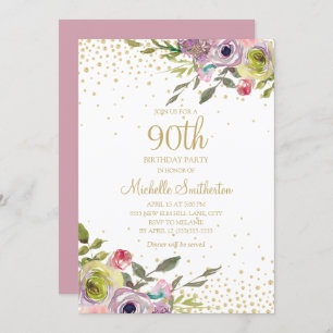 Pink Yellow Floral Gold Glitter 90th Birthday Invitation