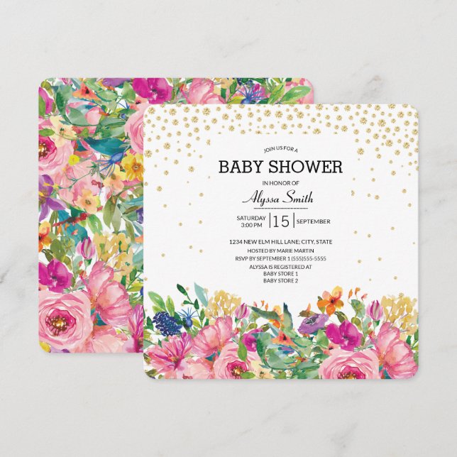 Pink Yellow Floral Gold Glitter Baby Shower Invitation (Front/Back)