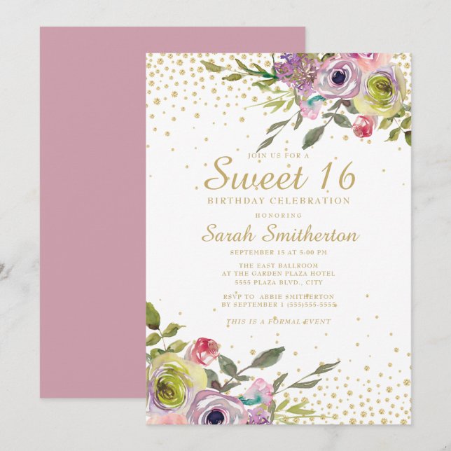 Pink Yellow Floral Gold Glitter Sweet 16 Birthday Invitation (Front/Back)