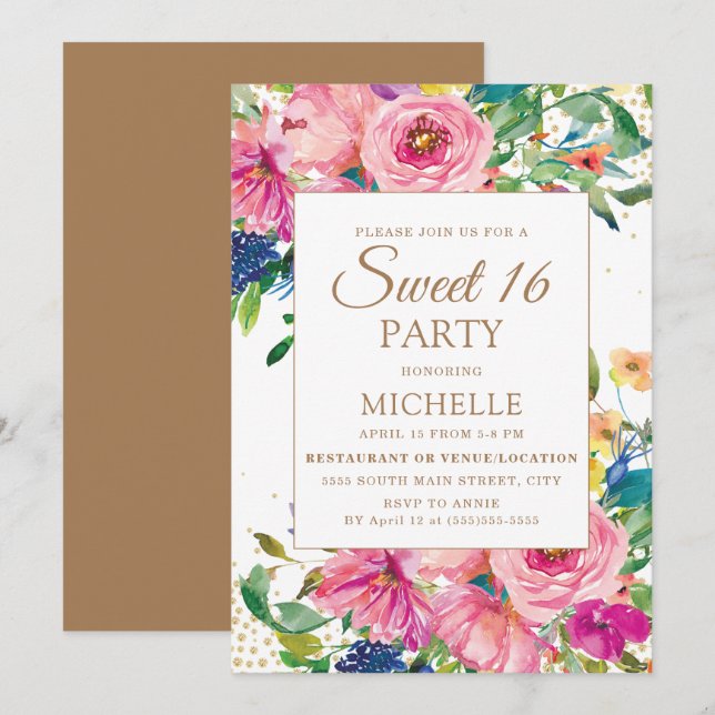 Pink Yellow Floral Gold Glitter Sweet 16 Invitation (Front/Back)