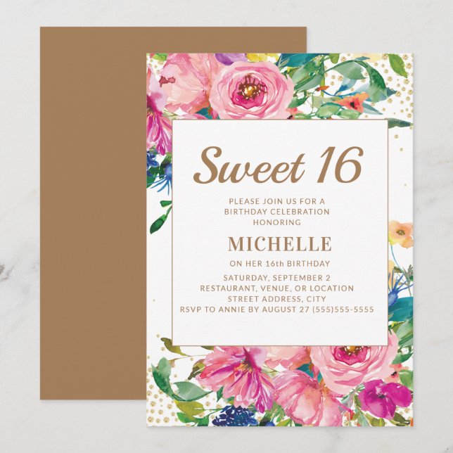 Pink Yellow Floral Gold Glitter Sweet 16 Invitation (Front/Back)