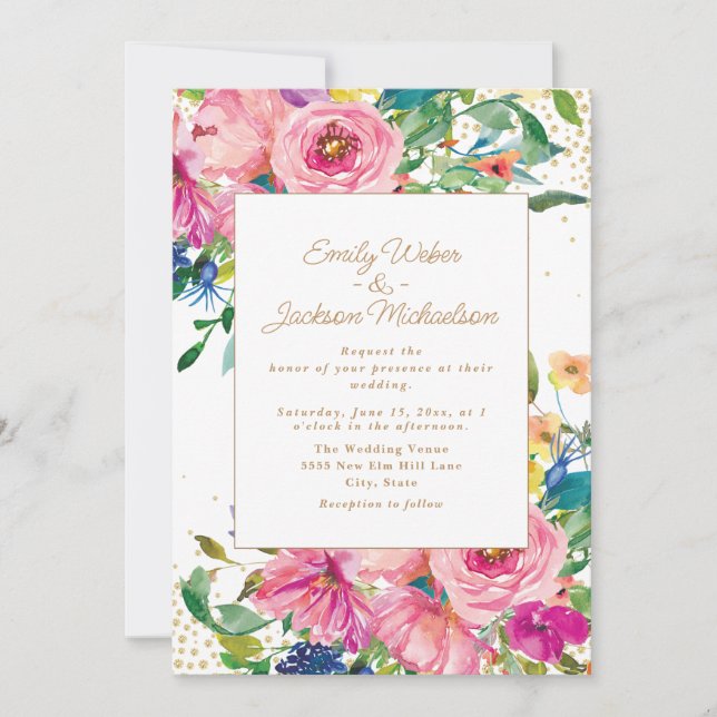 Pink Yellow Floral Gold Glitter Wedding Invitation (Front)