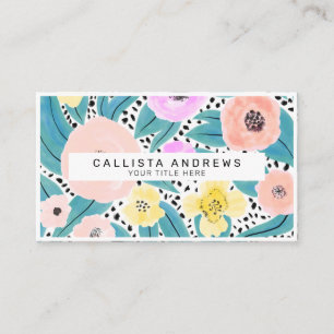 Pink Yellow Floral Polka Dots Watercolor Monogram Business Card